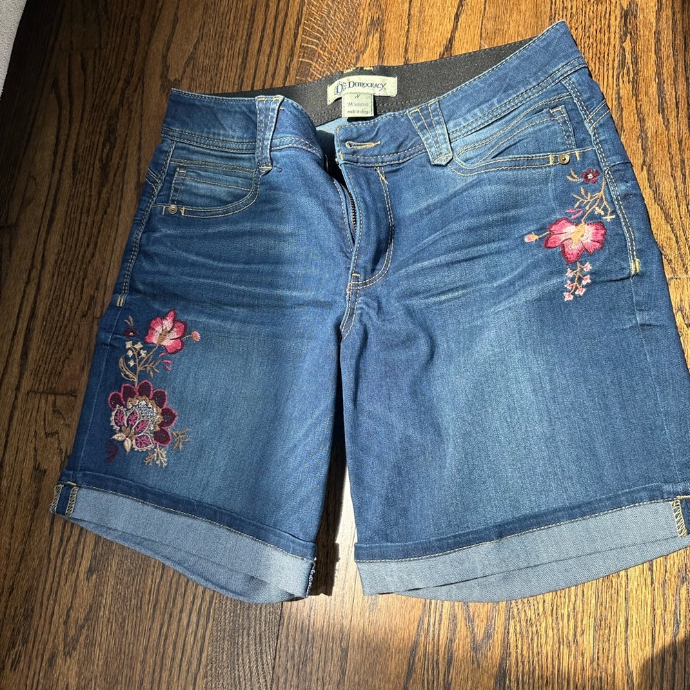 Democracy Blue Jean Shorts with Cuffed Hem and Embroidery